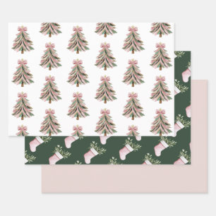 Pink and Green Brushstroke Christmas Flat Wrapping Paper Sheet
