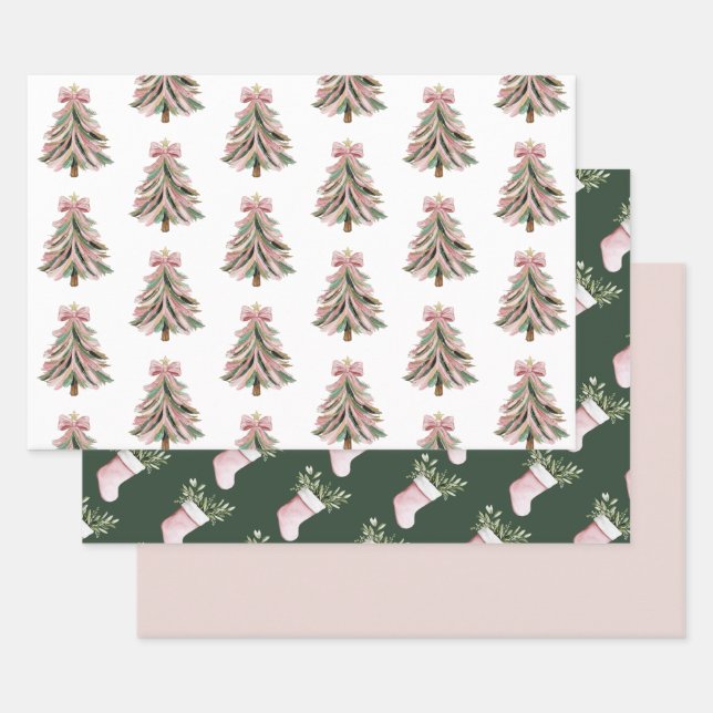 Pink and Green Brushstroke Christmas Flat Wrapping Paper Sheet (Set)