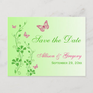 Pink and Green Butterflies Save the Date Postcard