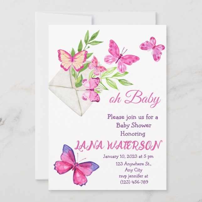 Pink and Green Butterfly Baby Shower Invitation (Front)