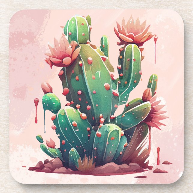 Pink and Green cactus Illustration Coaster (Front)