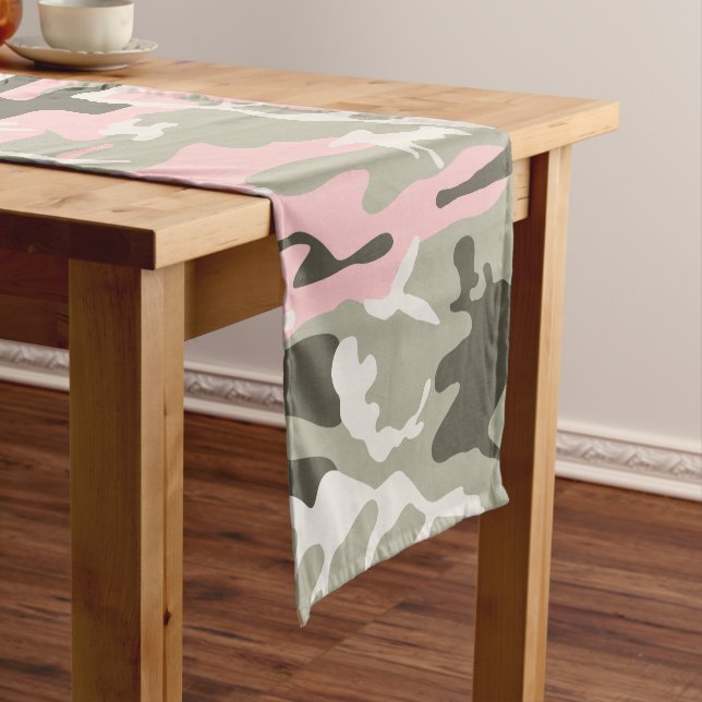 Pink and Green Camouflage, Military, Army Short Table Runner (In Situ)