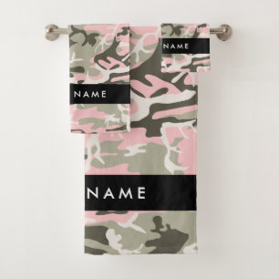 Pink and Green Camouflage Your name Personalise Bath Towel Set