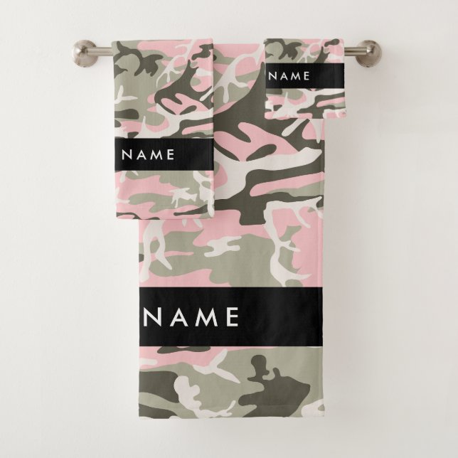 Pink and Green Camouflage Your name Personalise Bath Towel Set (Insitu)