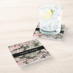 Pink and Green Camouflage Your name Personalise Glass Coaster