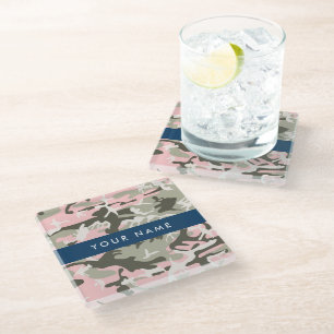 Pink and Green Camouflage Your name Personalise Glass Coaster