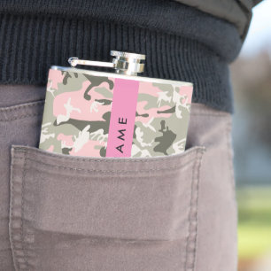 Pink and Green Camouflage Your name Personalise Hip Flask