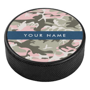 Pink and Green Camouflage Your name Personalise Hockey Puck