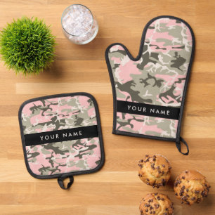 Pink and Green Camouflage Your name Personalise Oven Mitt & Pot Holder Set