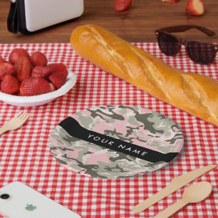 Pink and Green Camouflage Your name Personalise Paper Plate