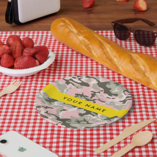 Pink and Green Camouflage Your name Personalise Paper Plate