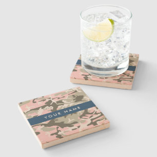 Pink and Green Camouflage Your name Personalise Stone Coaster
