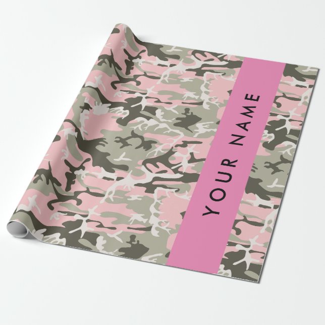 Pink and Green Camouflage Your name Personalise Wrapping Paper (Unrolled)
