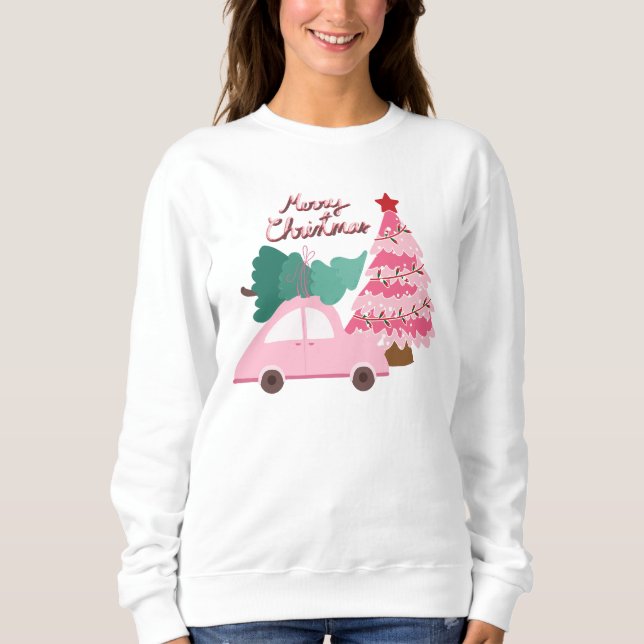 Pink and green car with Christmas tree Sweatshirt (Front)
