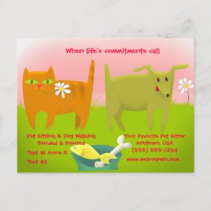 Pink and Green Cat and Dog Pet Sitting Postcard