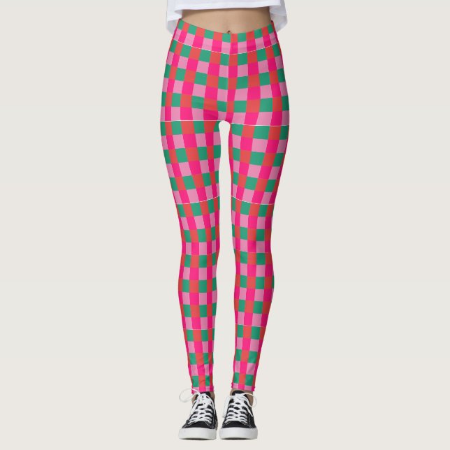 Pink and Green Check Plaid Leggings (Front)