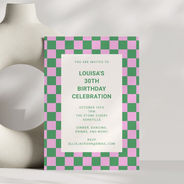 Pink and Green Checkerboard 30th Birthday Party Invitation (Creator Uploaded)