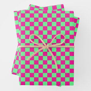Pink and Green Checkered Print Wrapping Paper Sheet