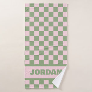 Pink and Green Chequerboard Towel with Custom Name