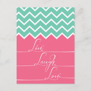 Pink and green chevron/live,laught,love postcard