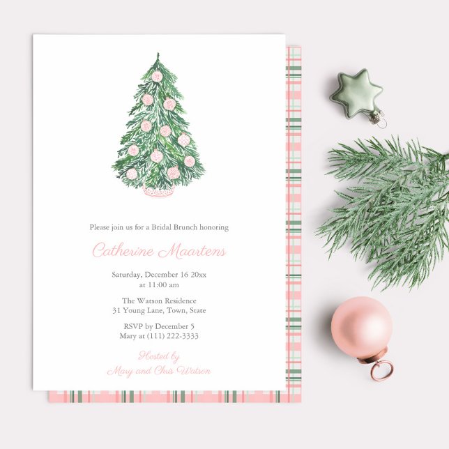 Pink And Green Christmas Chinoiserie Bridal Brunch Invitation (Simple elegant pink and green chinoiserie Christmas Bridal Shower party invitation)