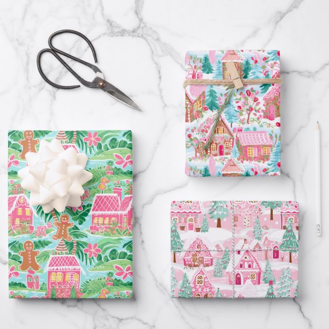 Pink and Green Christmas Gingerbread Houses Wrapping Paper Sheet (Front)