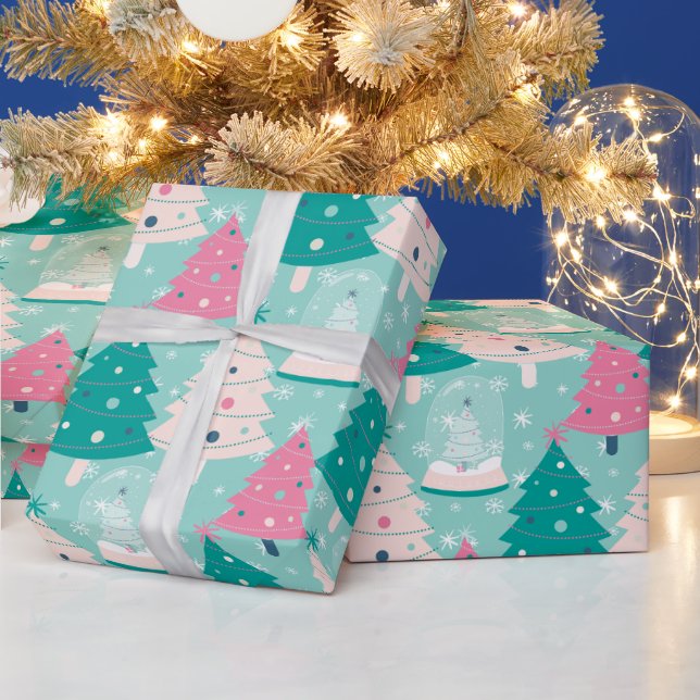 Pink And Green Christmas Snow Globe Wrapping Paper (Holidays)