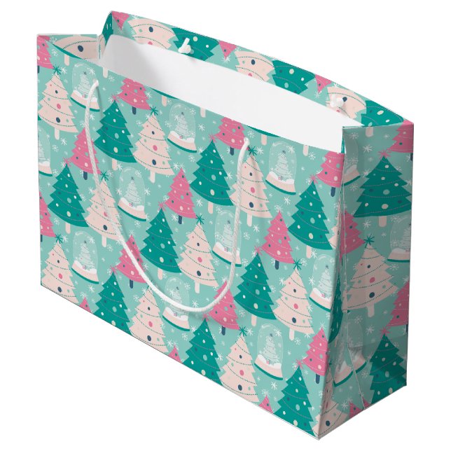 Pink And Green Christmas Snow Globes Large Gift Bag (Back Angled)