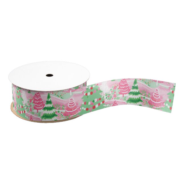 Pink and Green Christmas Trees Grosgrain Ribbon (Spool)