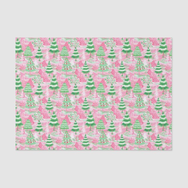 Pink and Green Christmas Trees Tissue Paper (Front)