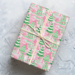 Pink and Green Christmas Trees Wrapping Paper