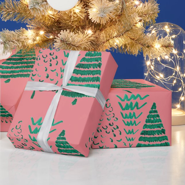Pink and Green Christmas Trees  Wrapping Paper (Holidays)