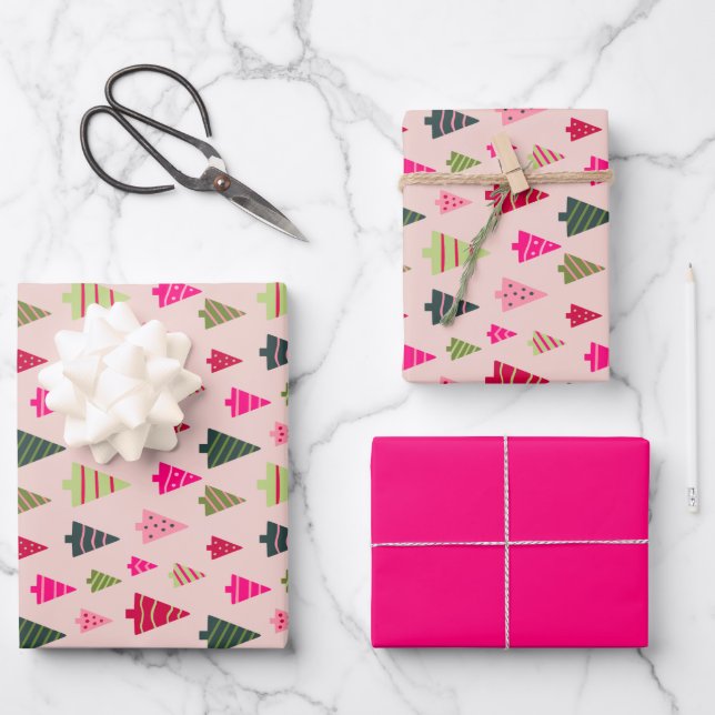 Pink and Green Christmas Trees Wrapping Paper Sheet (Front)