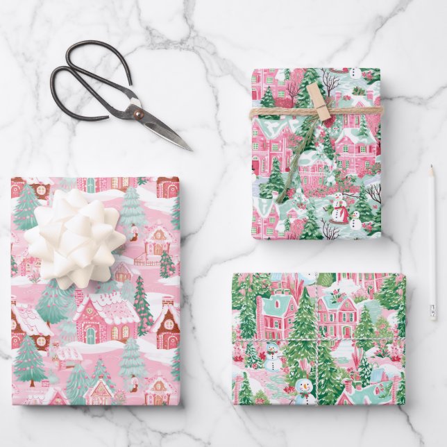 Pink and Green Christmas Village Wrapping Paper Sheet (Front)