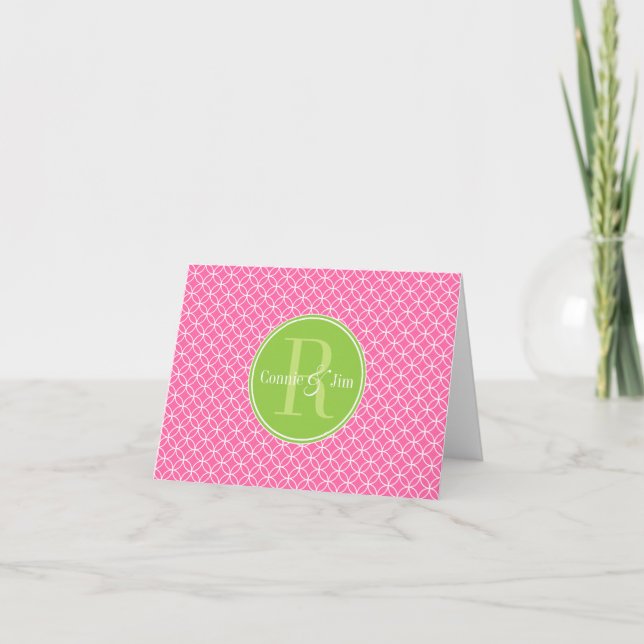 Pink and Green Circles Pattern Monogram Note Card (Front)