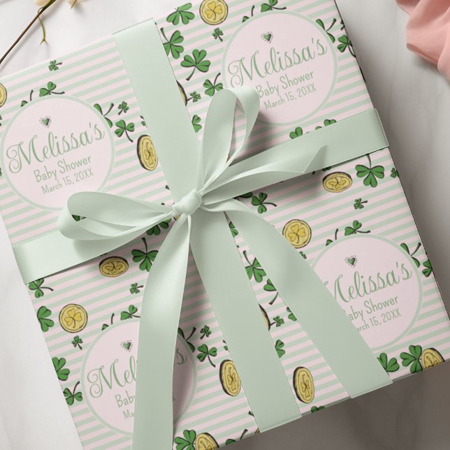 Pink and Green Clovers & Gold Coins Irish Shower Wrapping Paper (Cute and Feminine Hand-drawn Irish Illustrations against a Pastel Pink and Green Pinstripe Pattern. )