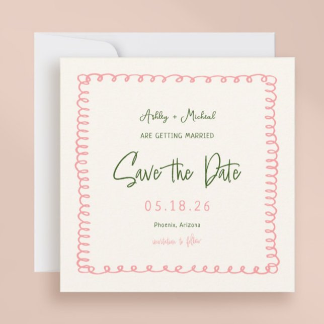 Pink and Green Colourful Square Wedding Save The Date (Creator Uploaded)
