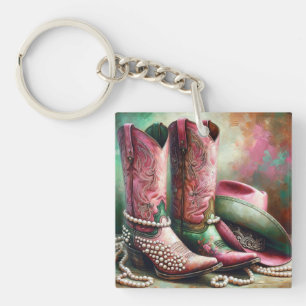 Pink and Green Cowboy Boots Keychain