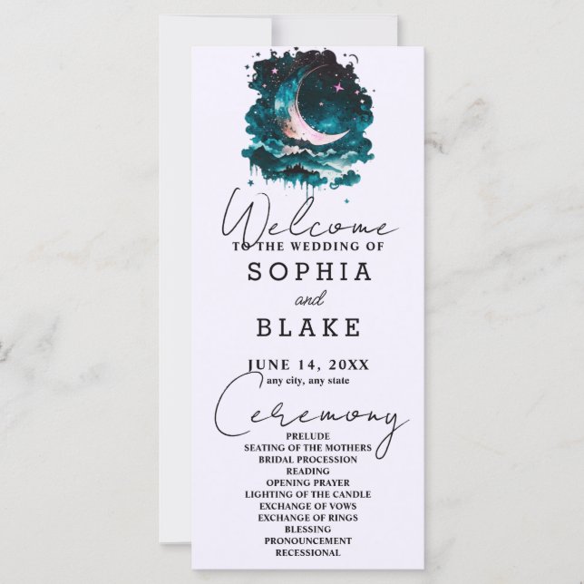Pink and Green Crescent Moon Wedding Program (Front)