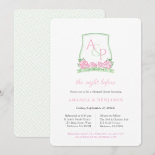 Pink And Green Crest Wedding Rehearsal Dinner Invitation