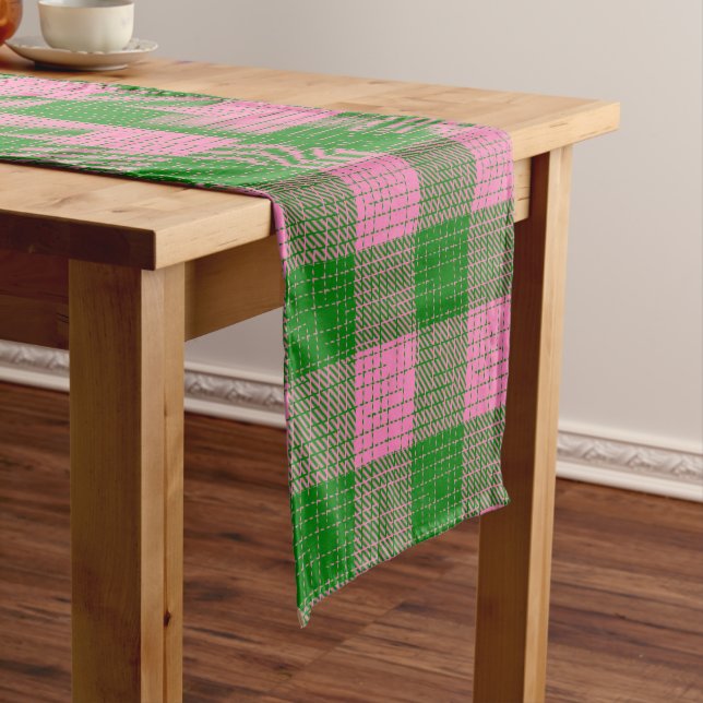 Pink and Green Crosshatch Chequered Pattern  Short Table Runner (In Situ)