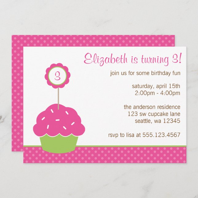 Pink and Green Cupcake Polka Dot Birthday Party Invitation (Front/Back)