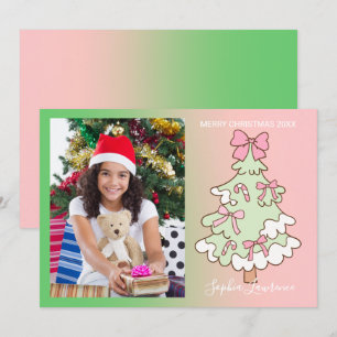 Pink And Green Custom One Photo Christmas Holiday Card