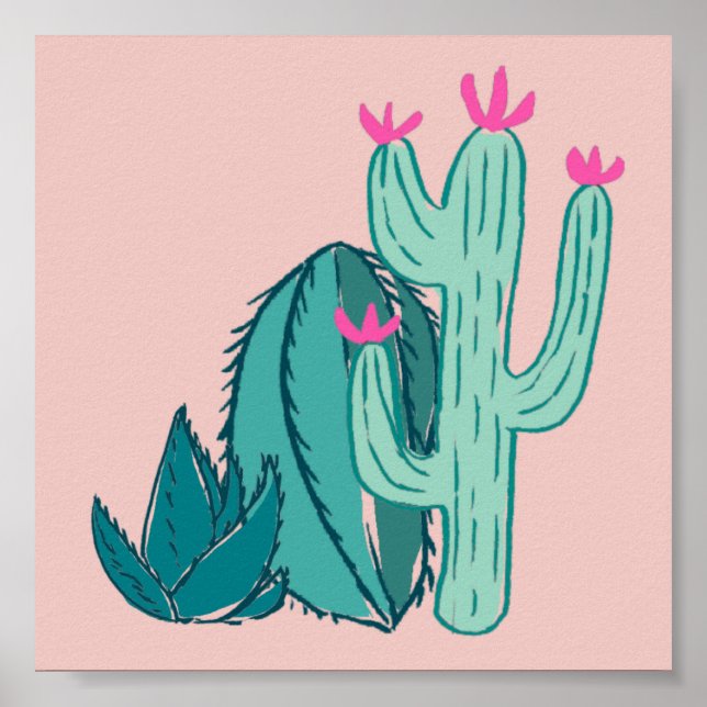 Pink and Green Cute Cactus Poster (Front)