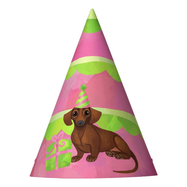 Pink and Green Dachshund Birthday Party Hat (Front)