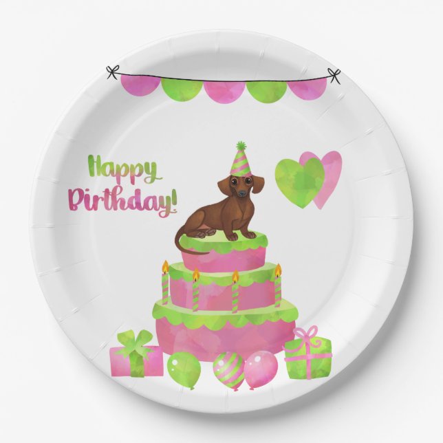 Pink and Green Dachshund Birthday Party Plates (Front)