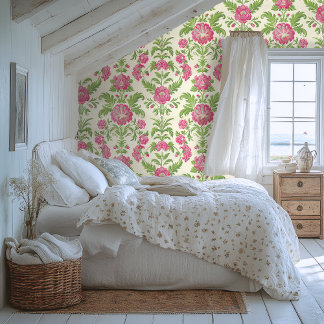 Pink and Green Damask Pattern Wallpaper