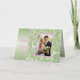 Pink and Green Damask Thank You Card with Photo