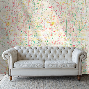 Pink and Green Delicate Artistic Floral Wallpaper