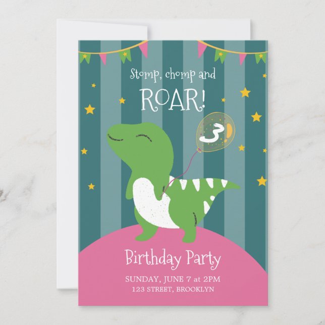Pink And Green Dinosaur Birthday Party Invitation (Front)